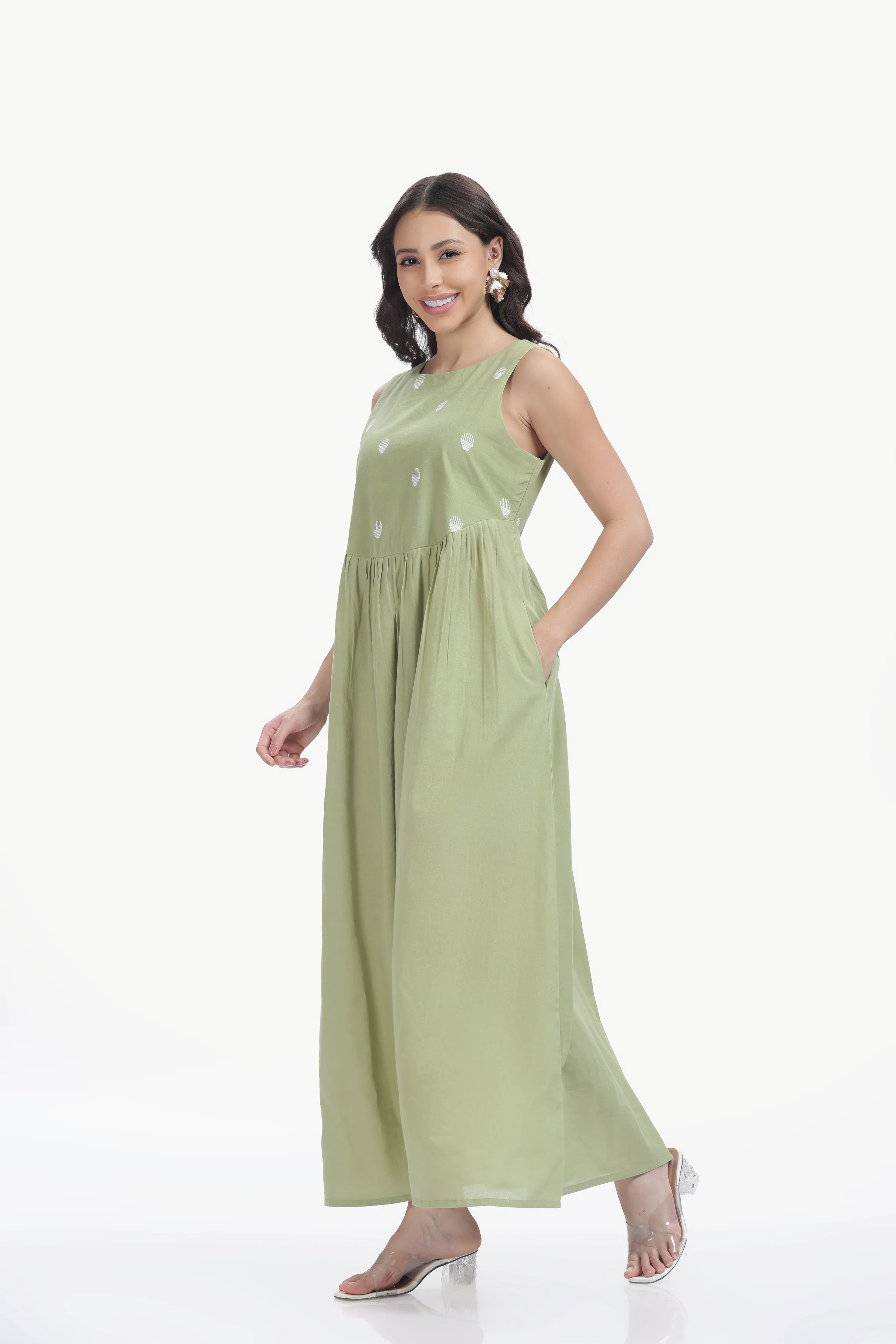 HANDLOOM JAMDHAINI STRAP MAXI DRESS GREEN Tulen