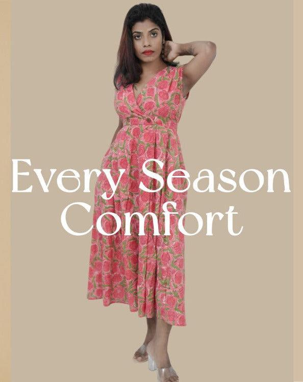 Three women wearing floral dresses with text 'Every Season Comfort' on a beige background